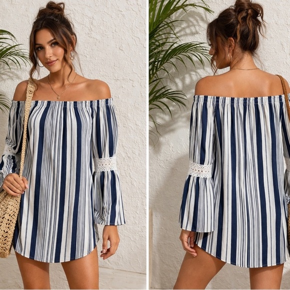 Speed Control Other - Off-Shoulder Navy & White Striped Dress Beach Cover-up